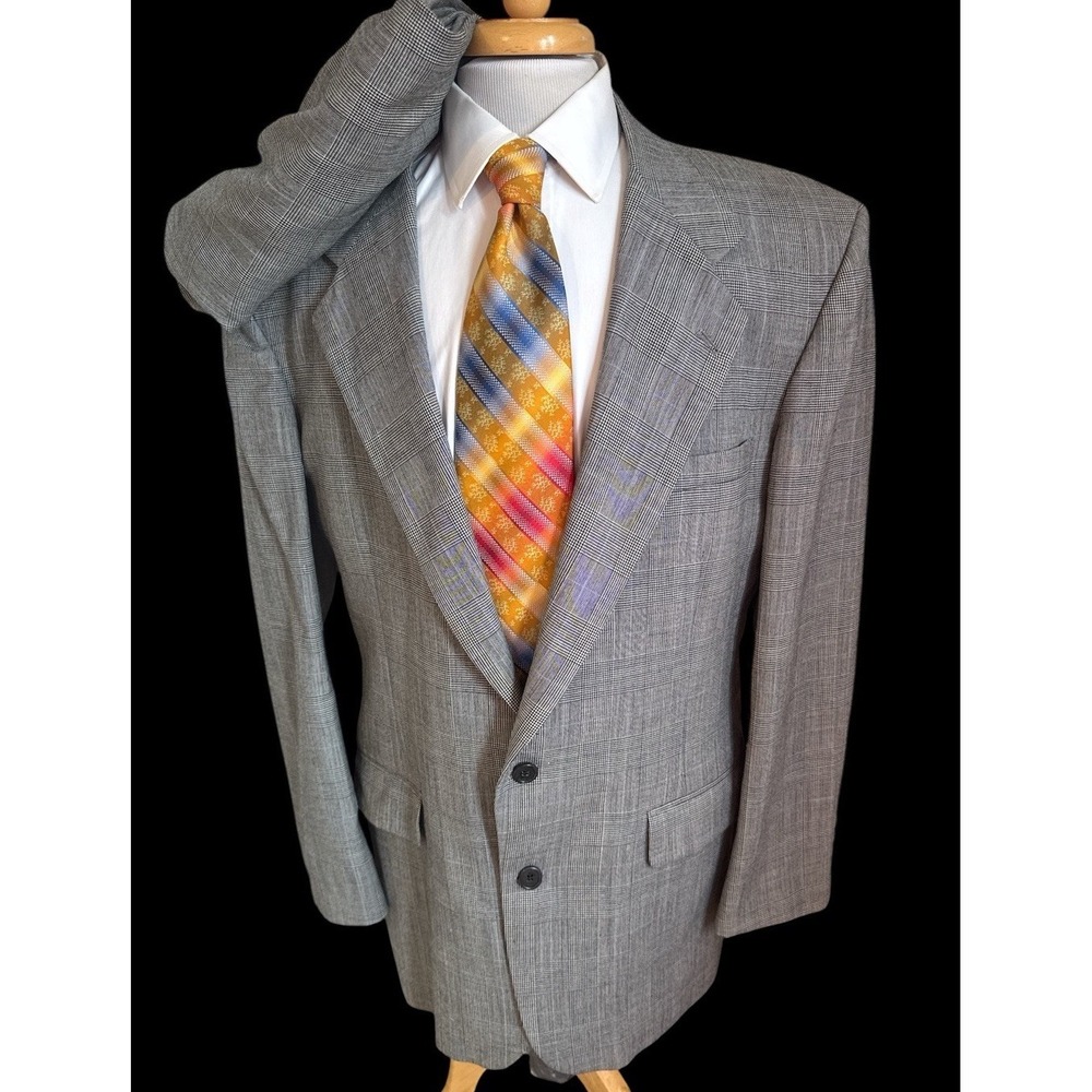 Vintage Bill Blass Mens Wool Gray Glen Plaid Suit Made in USA 44L Pants 36 x 30